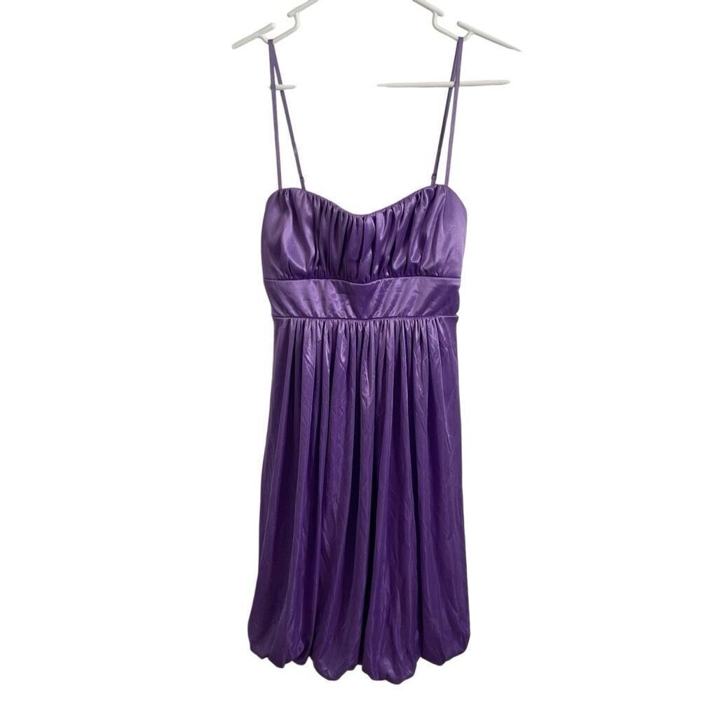 Y2K Ruby Rox Satin Babydoll Mini Dress S Purple Ruched McBling Emo Scene Bubble